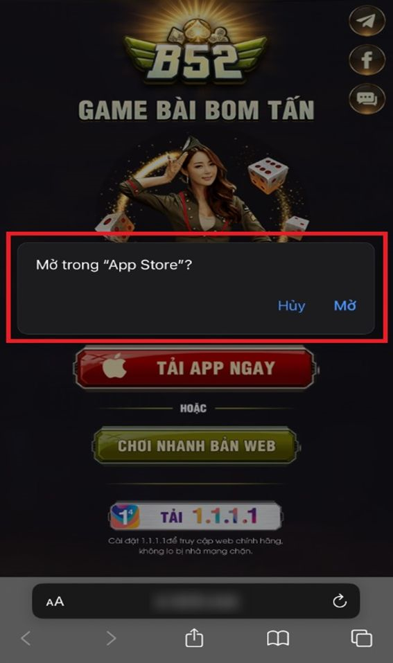 Bước 2: Cổng game hiển thị hộp thoại, sau đó bạn chọn MỞ để chuyển hướng đến App Store